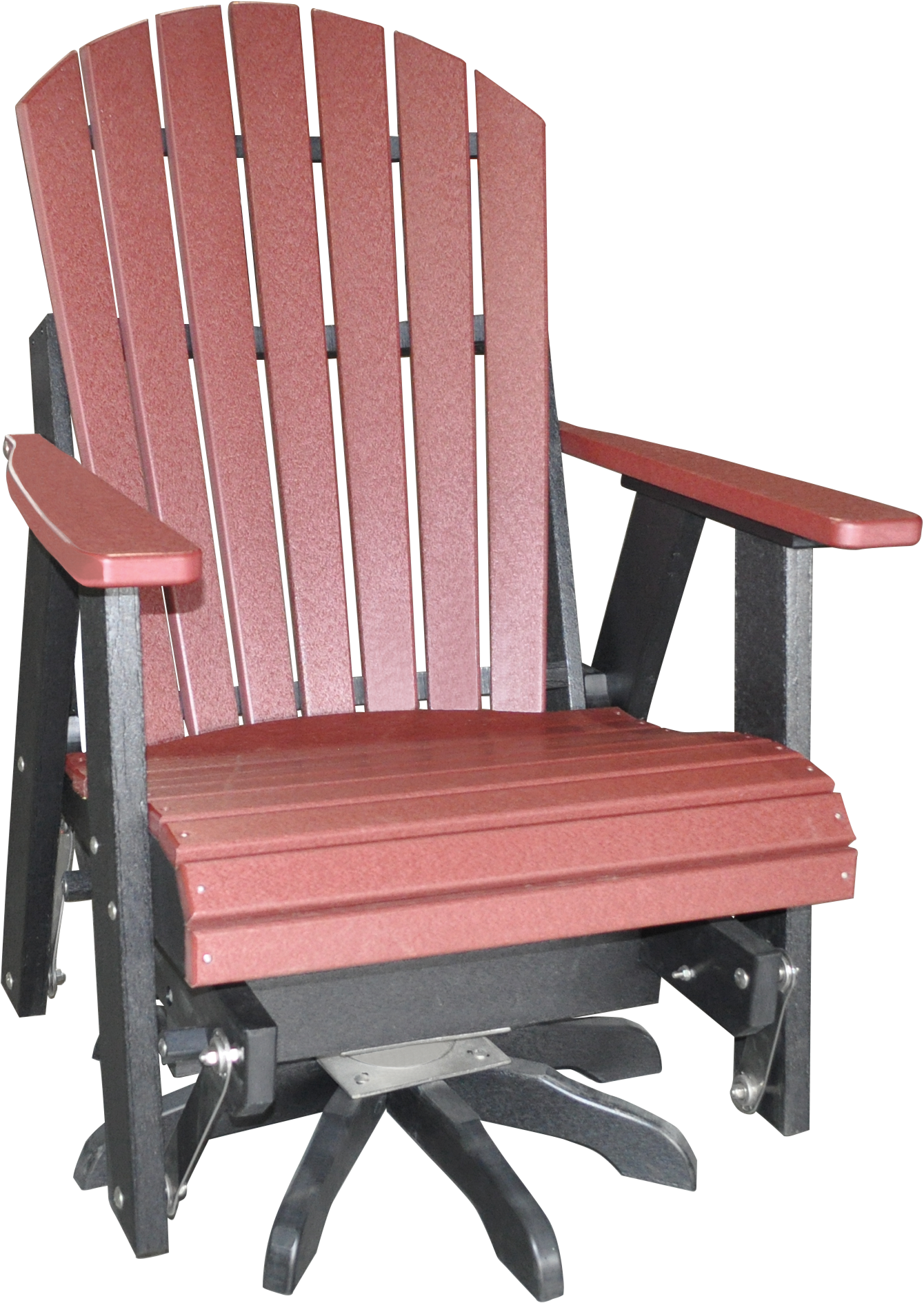 A red adirondack chair with black arm rests on a white background