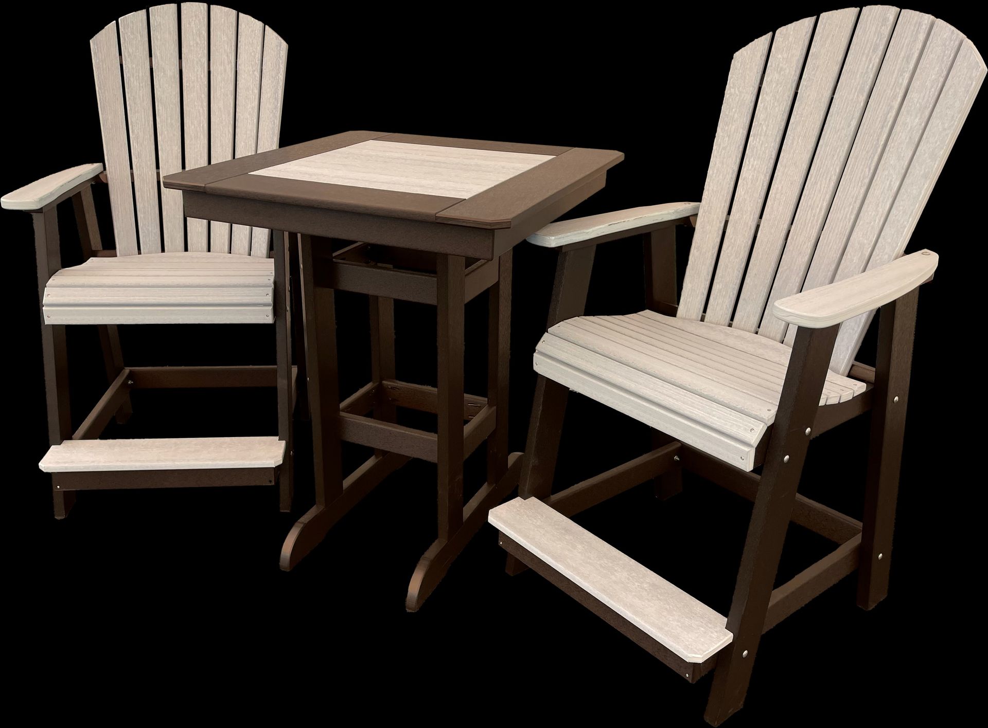 Two chairs and a table on a black background