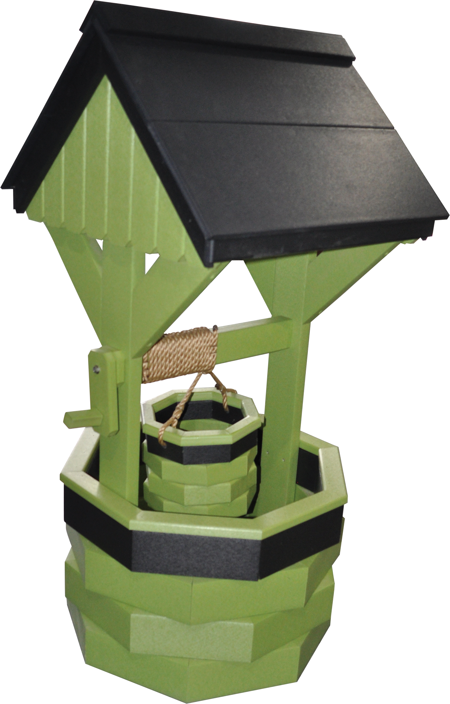 A green wishing well with a black roof