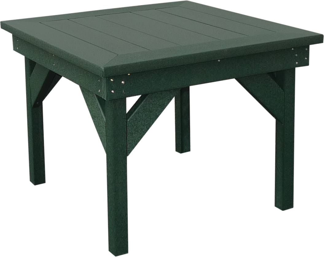 A green wooden table with a white background