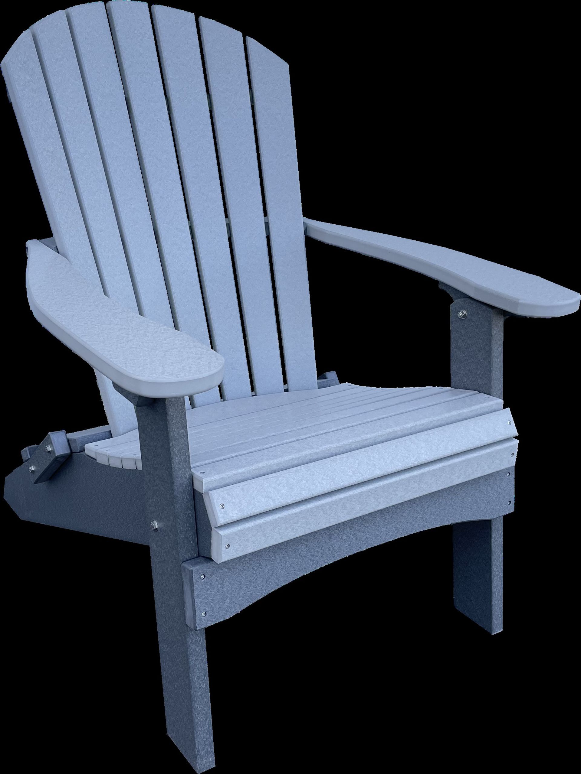 A grey and white adirondack chair on a black background
