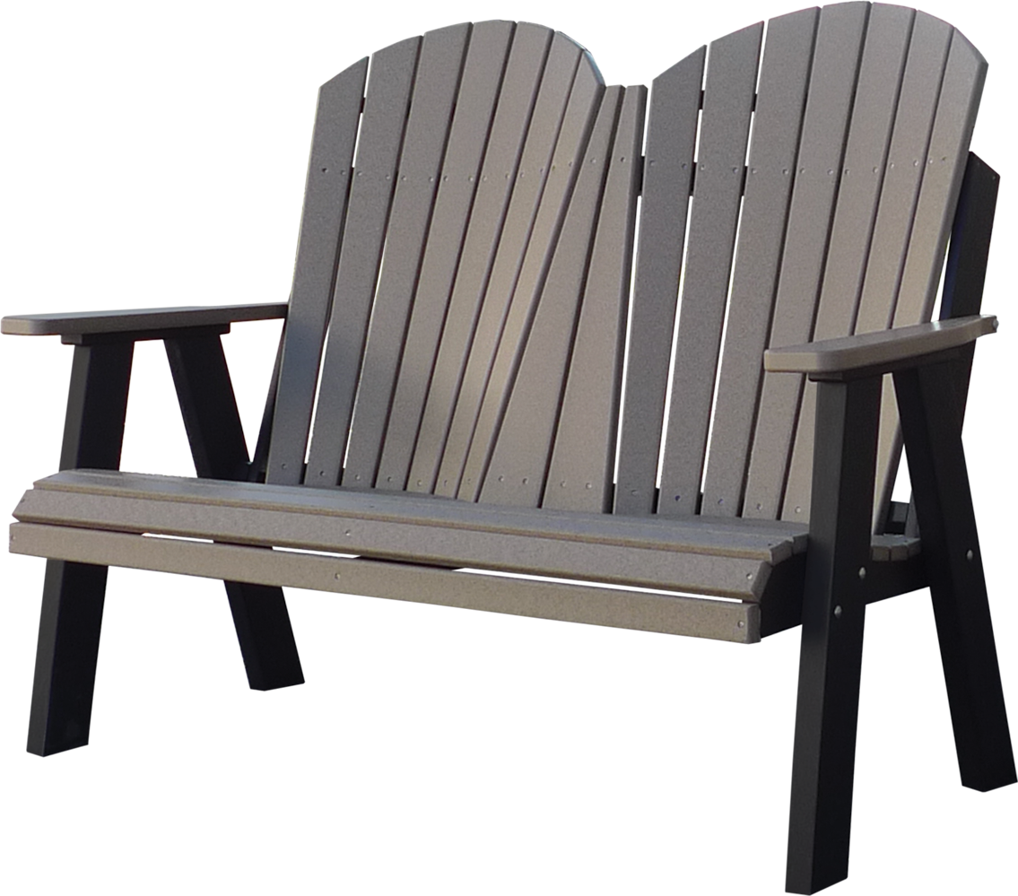 A gray wooden bench with black legs on a white background