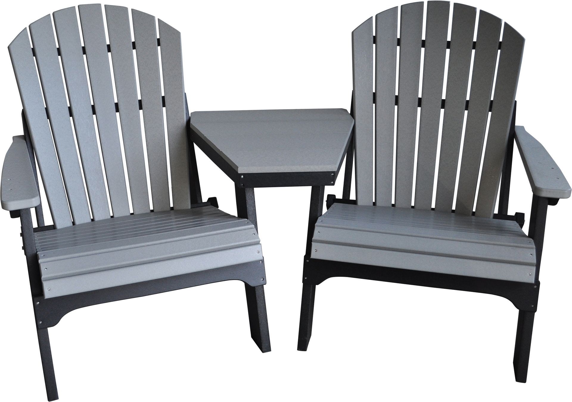 Two lawn chairs and a table on a white background.