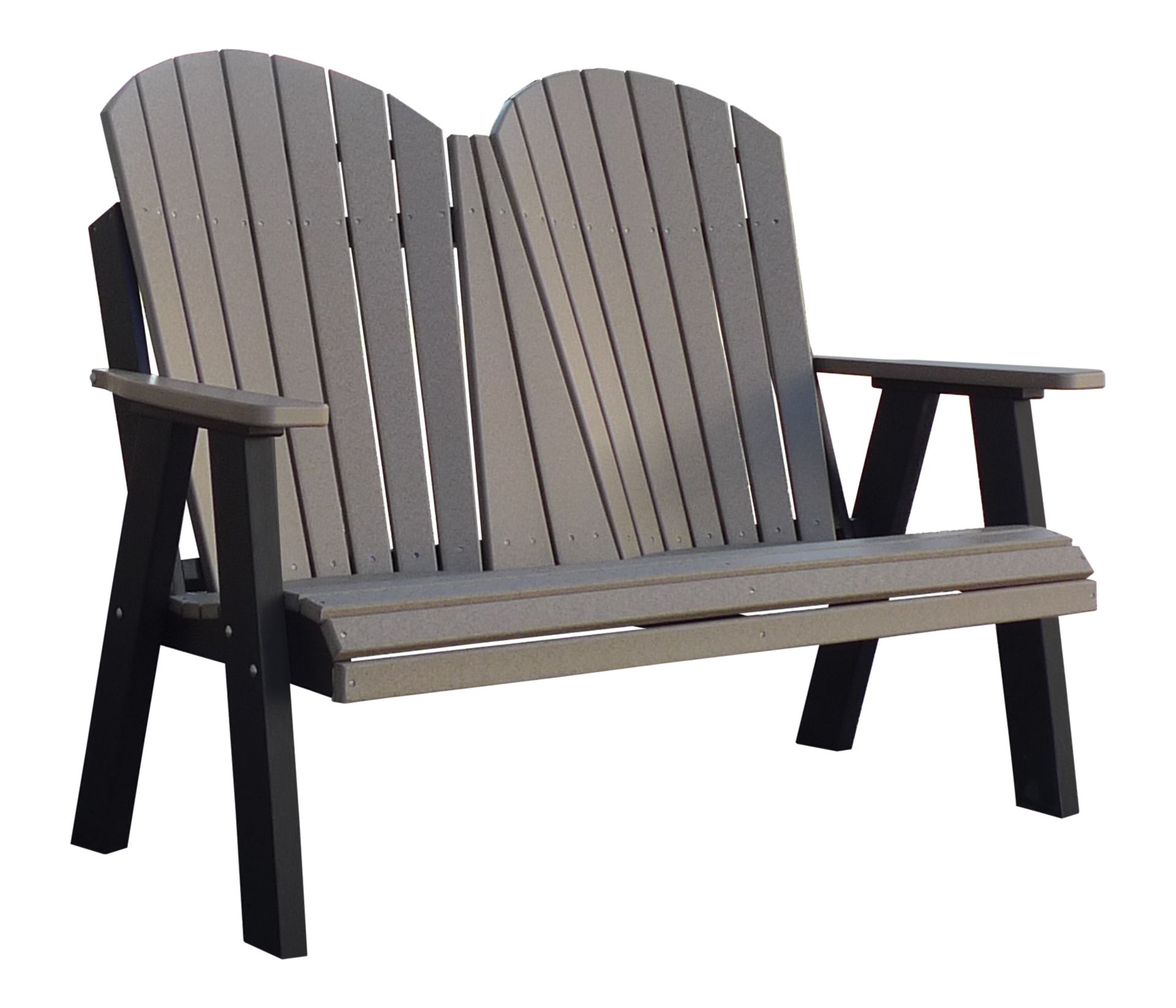 A gray wooden bench with black legs on a white background