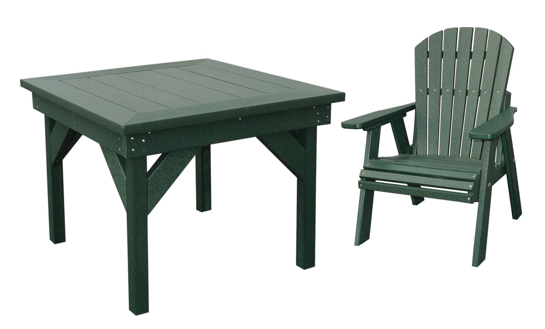 A green table and chair on a white background