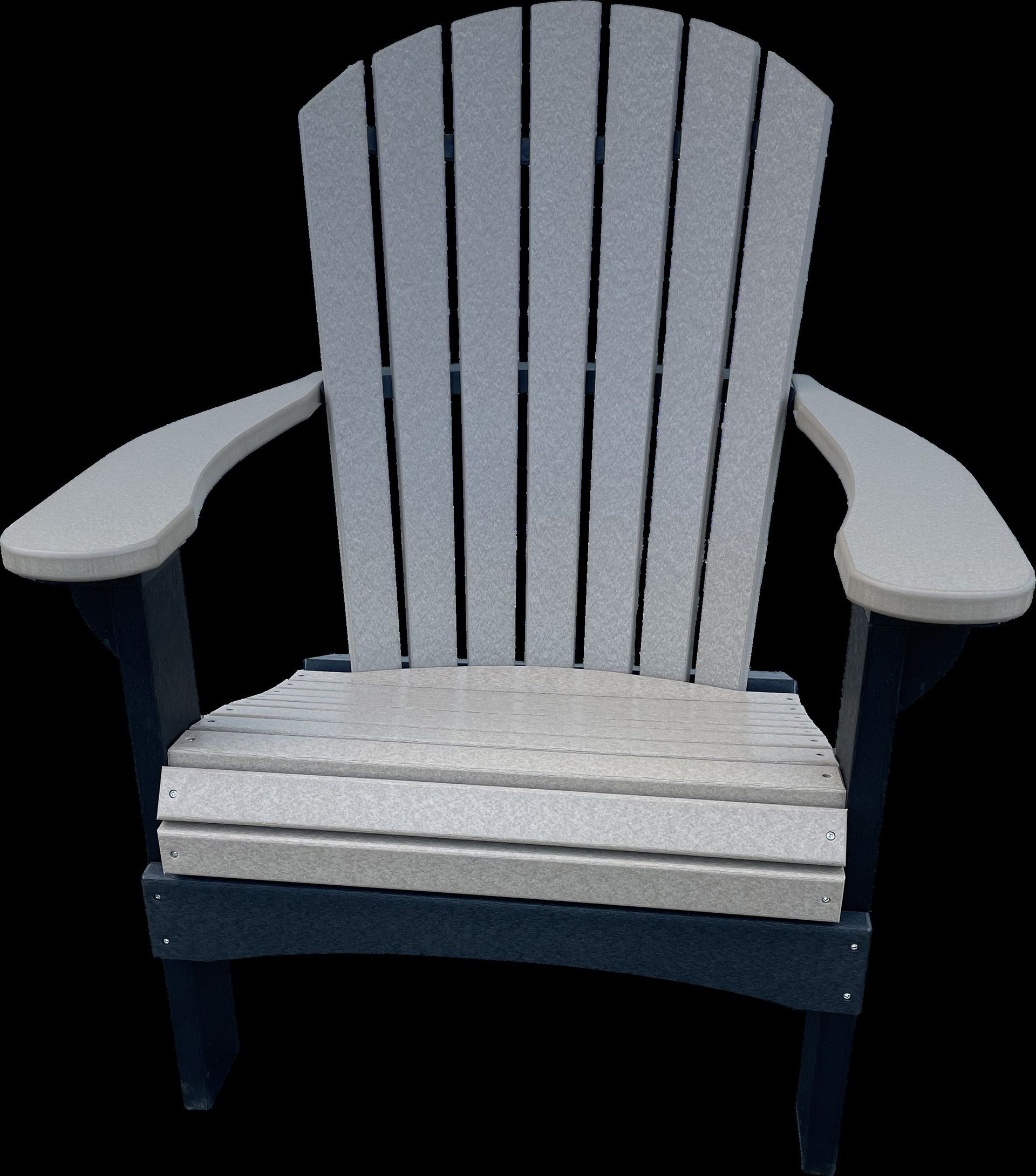 A white lawn chair with black arm rests on a black background