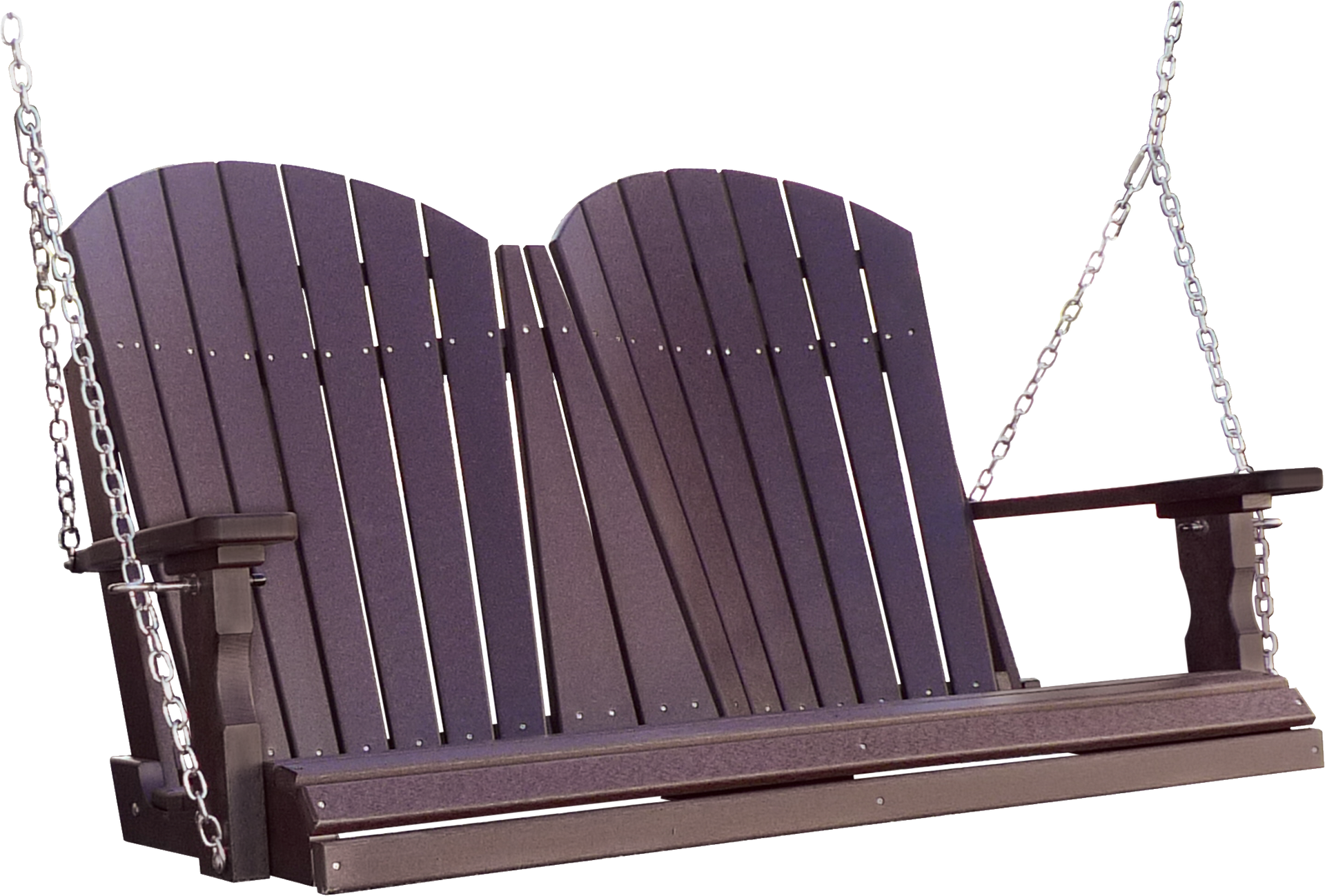 A wooden porch swing with chains attached to it