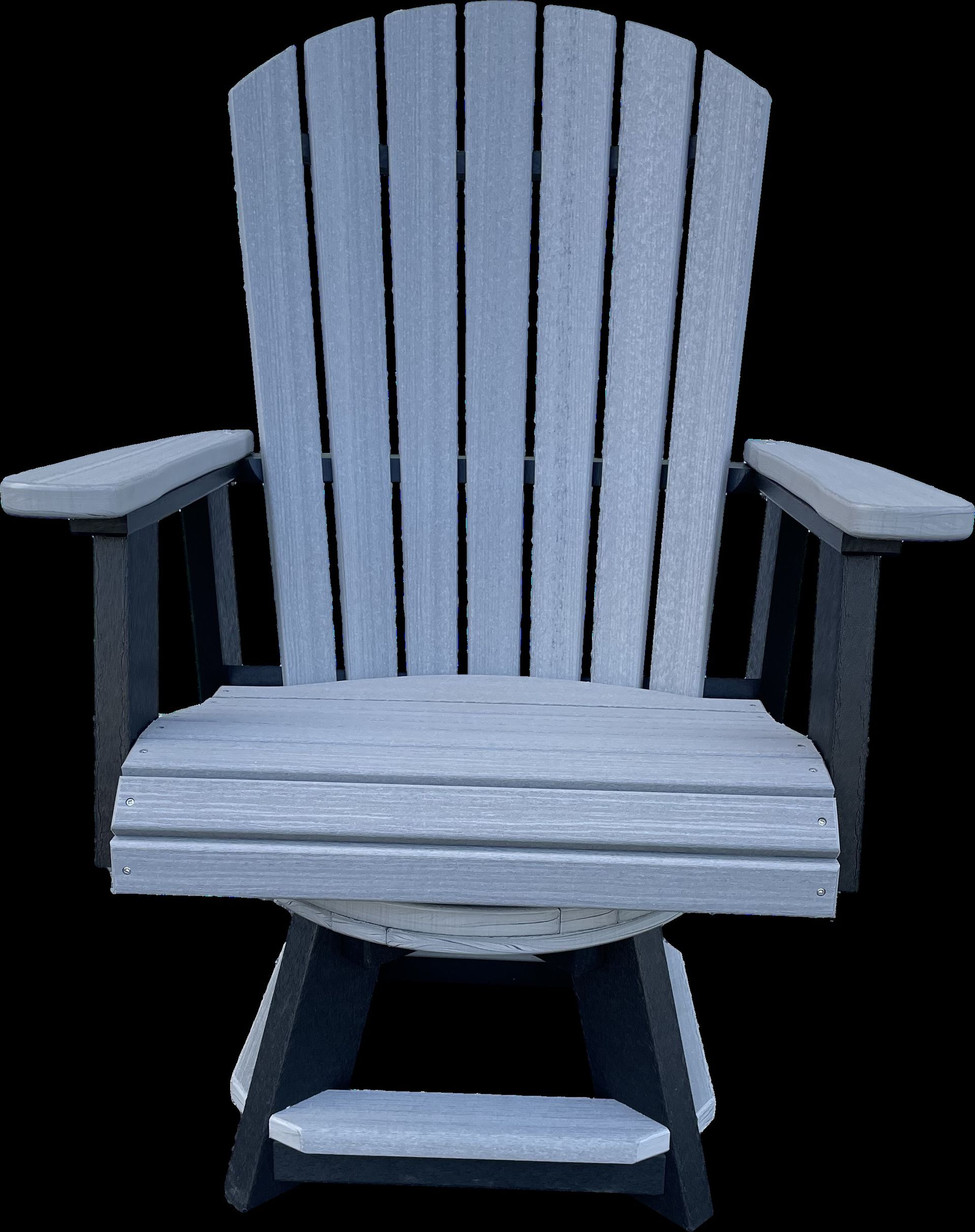 A white wooden chair with black arms and legs on a black background.