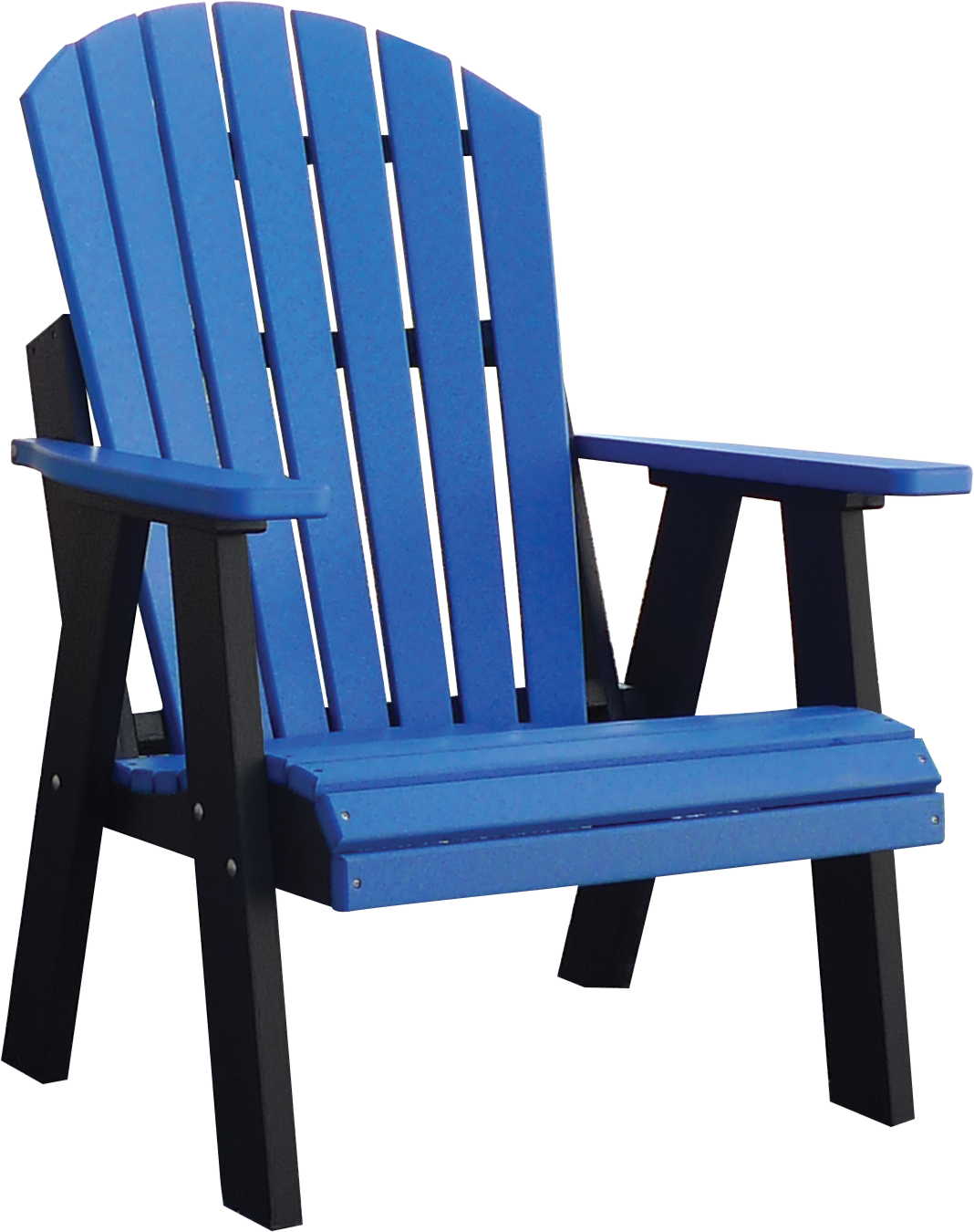 A blue and black adirondack chair on a white background