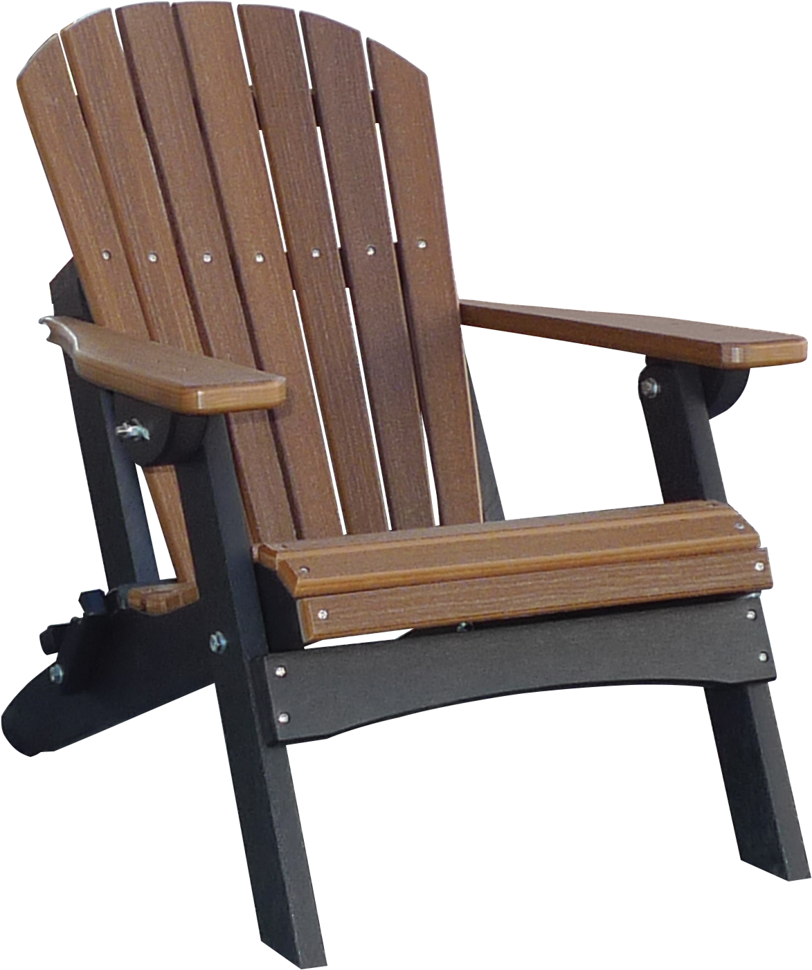 A wooden adirondack chair with a black frame