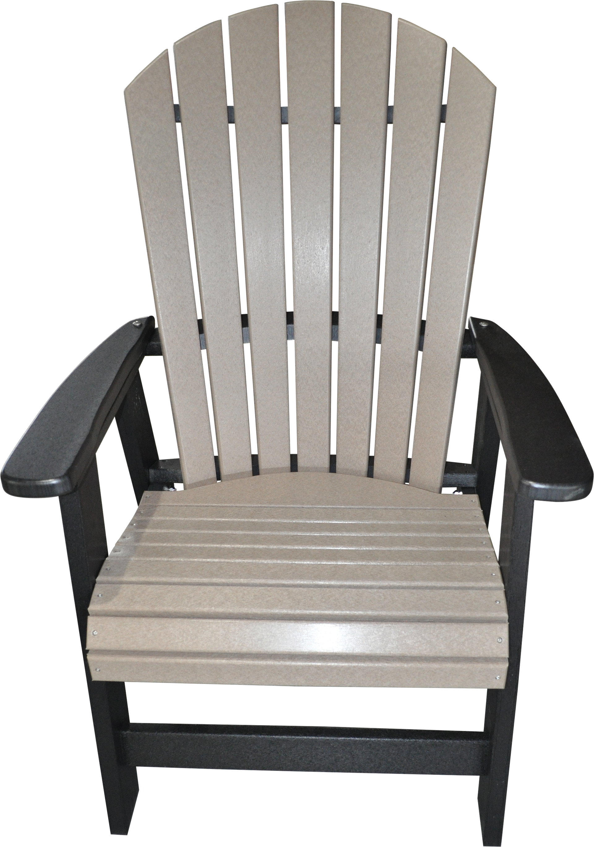 A tan adirondack chair with black arm rests on a white background