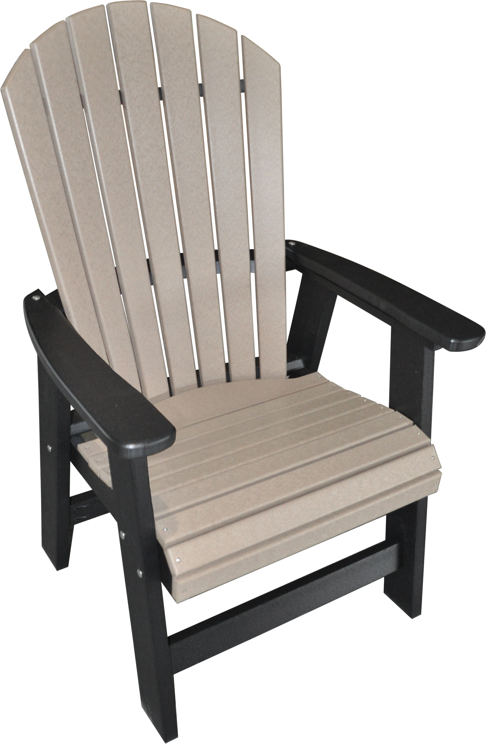 A wooden chair with black arm rests on a white background