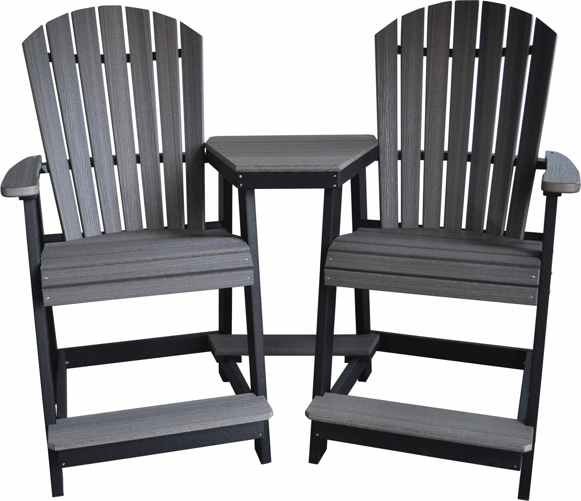 Two adirondack chairs and a table on a white background