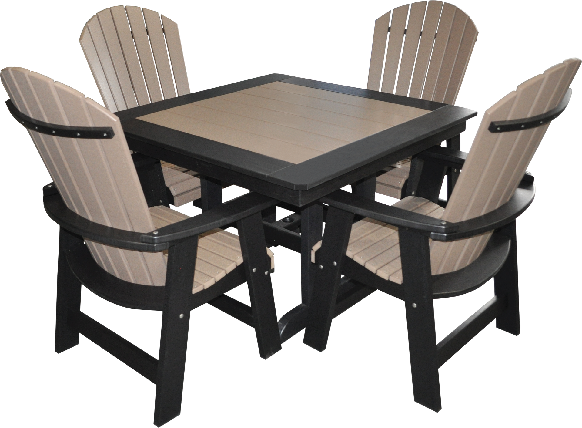 A table with four chairs around it on a white background