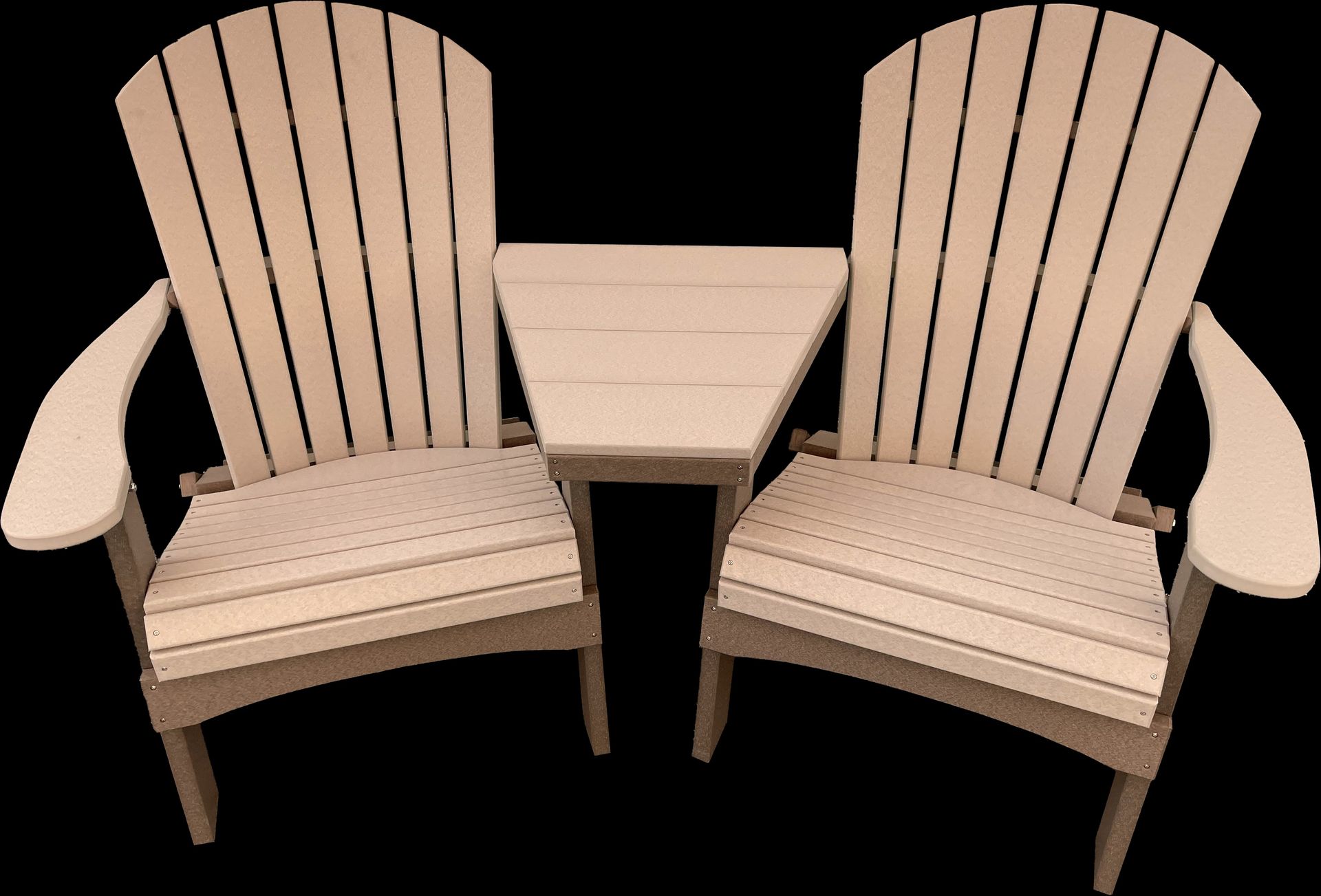 Two chairs and a table on a black background
