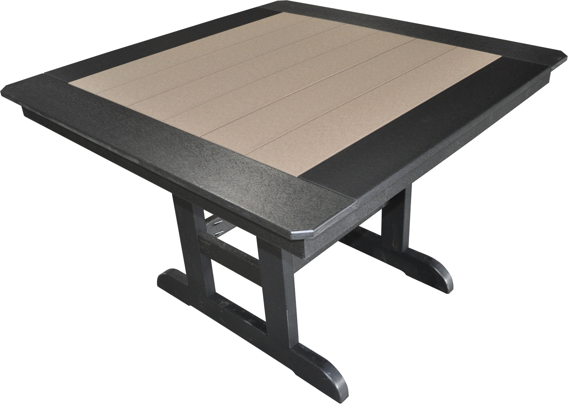 A black table with a wooden top on a white background