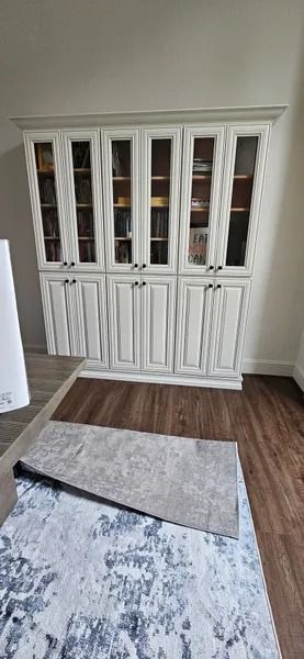 White wooden cabinet with glass doors, books inside. Dark wood floor and patterned rug.