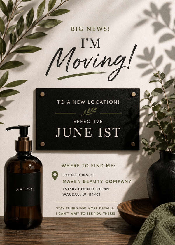 Moving announcement card with black sign reading “June 1st,” amber bottle, and greenery on a beige background