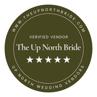 Verified vendor badge for The Up North Bride, olive green circular logo with five stars and wedding vendors text
