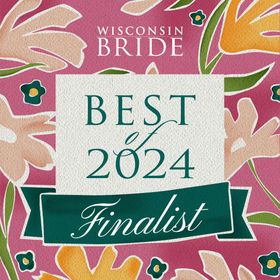 Wisconsin Bride Best 2024 Finalist badge with pink floral background and green ribbon
