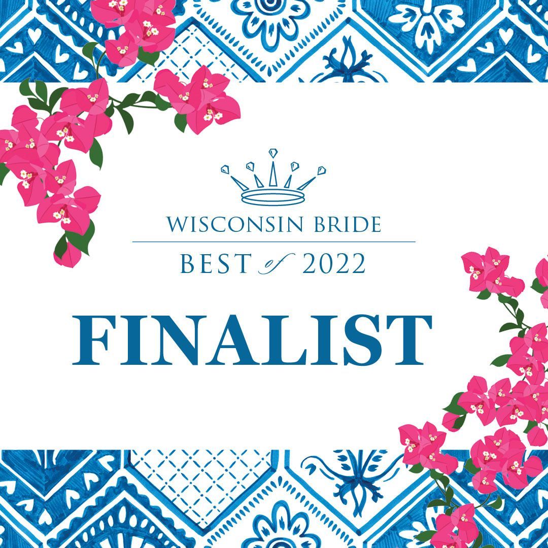 Wisconsin Bride Best of 2022 finalist badge with pink flowers and blue patterned border