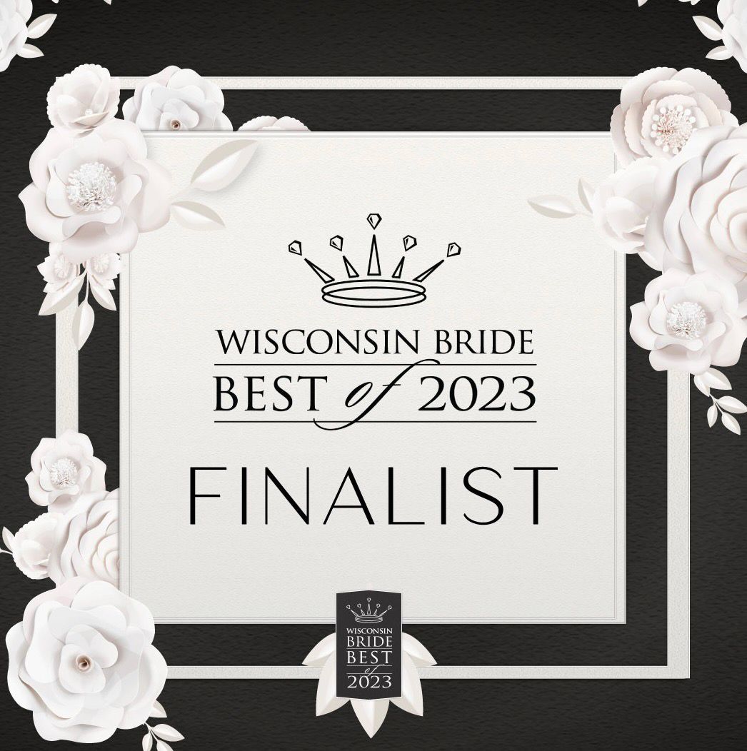 Wisconsin Bride Best of 2023 finalist badge with white floral border on a black background