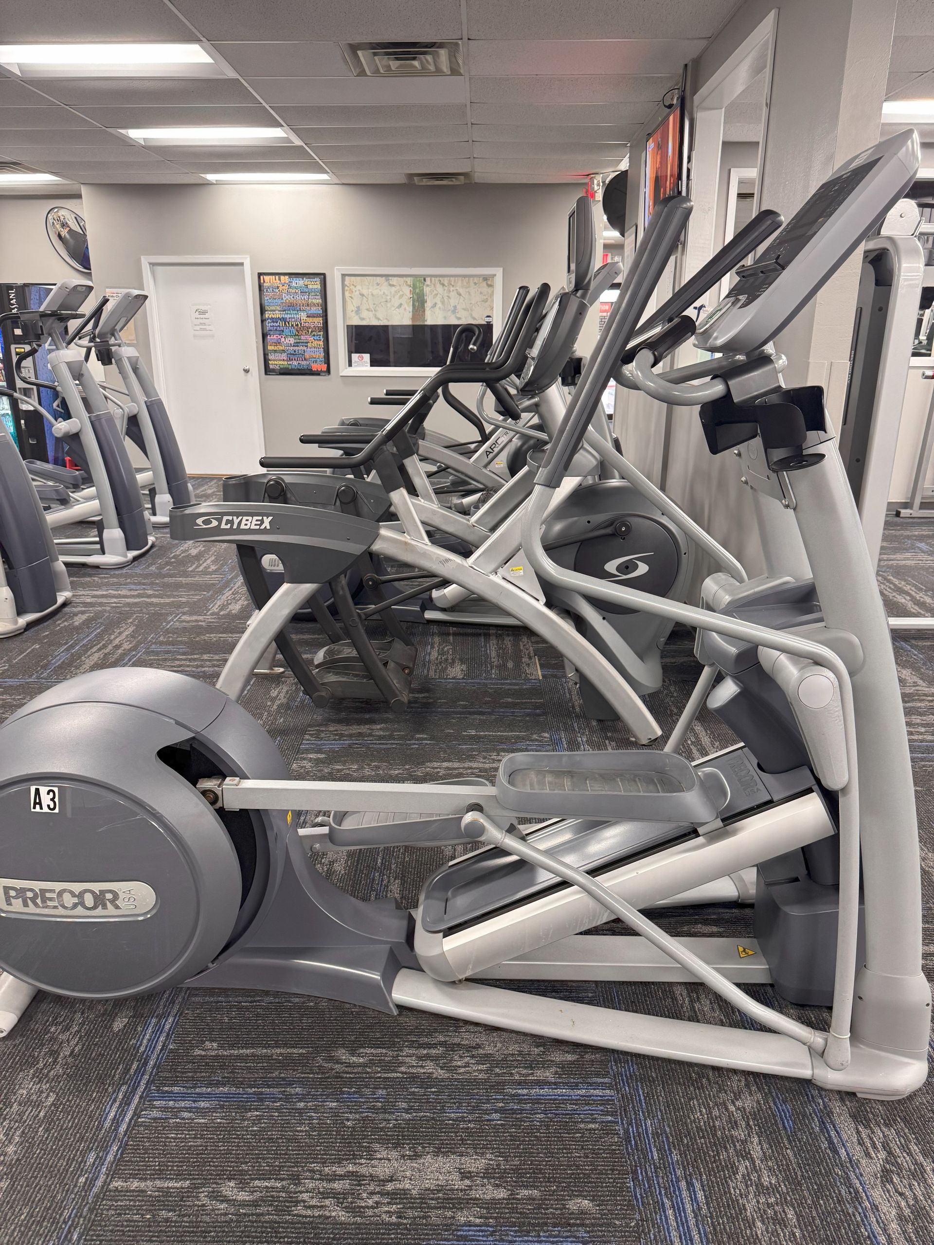 A row of ellipticals are lined up in a gym