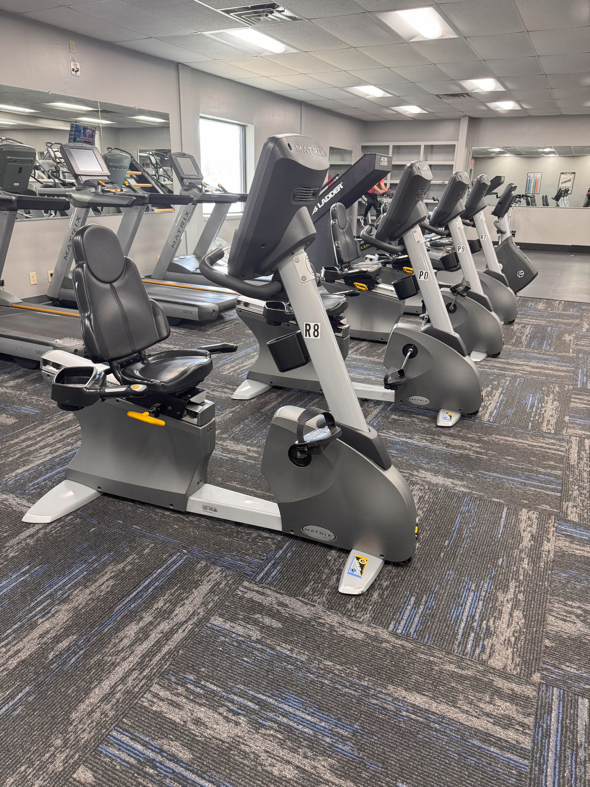A gym with a lot of exercise bikes and treadmills
