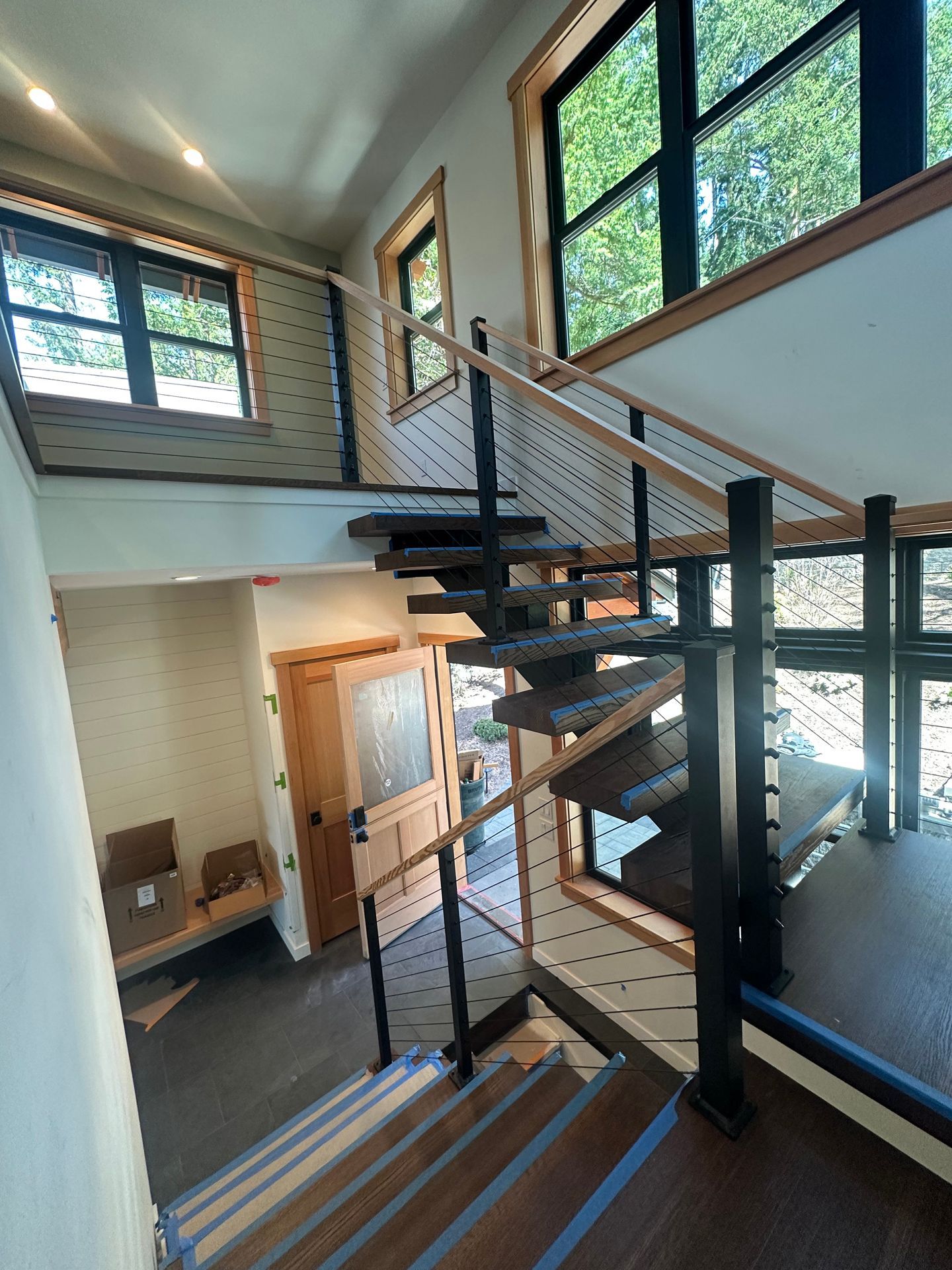 Custom-built wood stair with railing