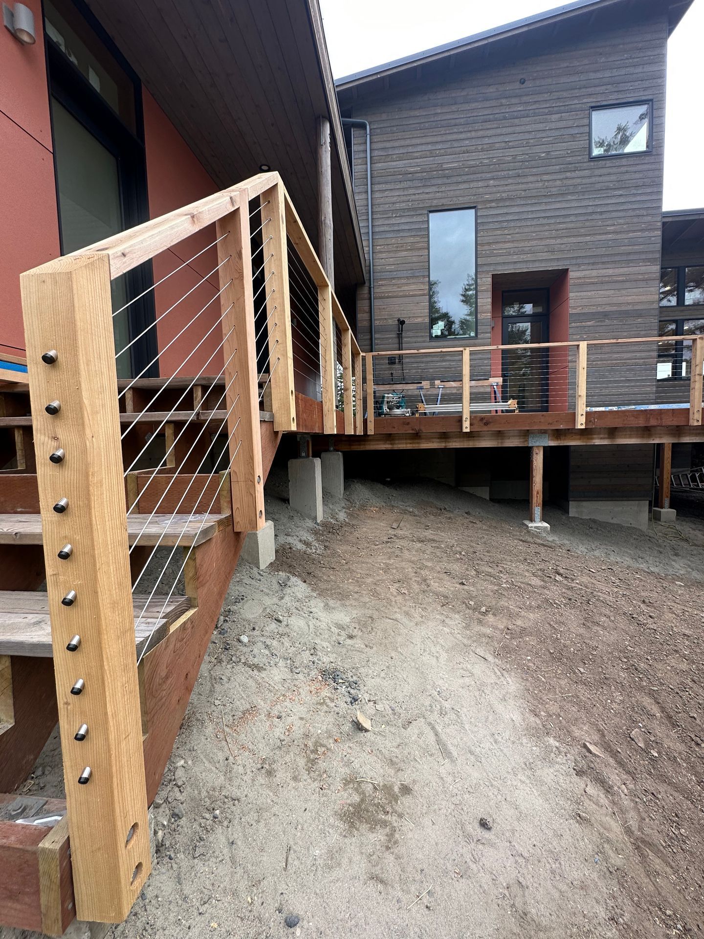 Custom wood railing system installation in progress