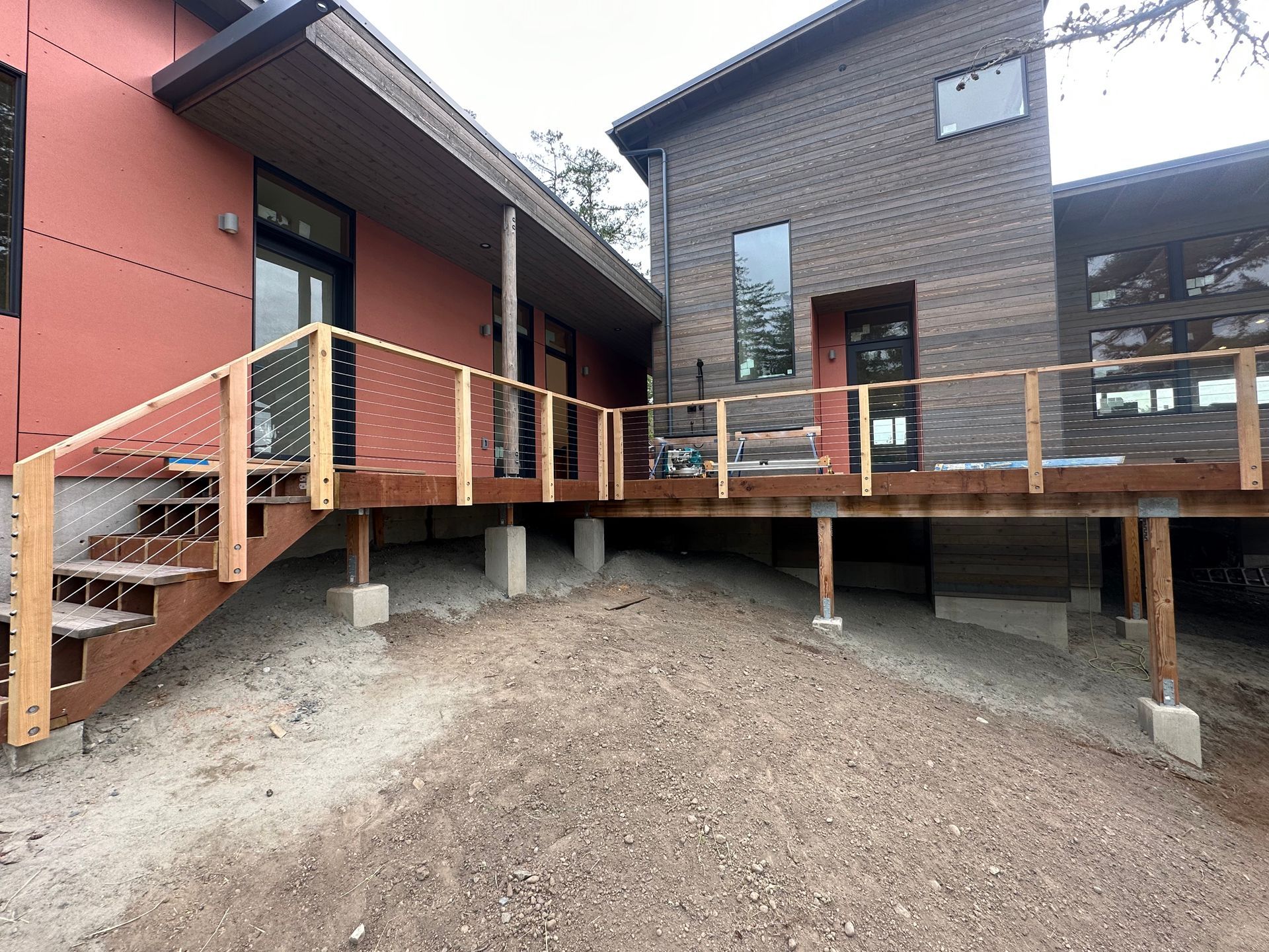 Custom wood railing system installations in progress