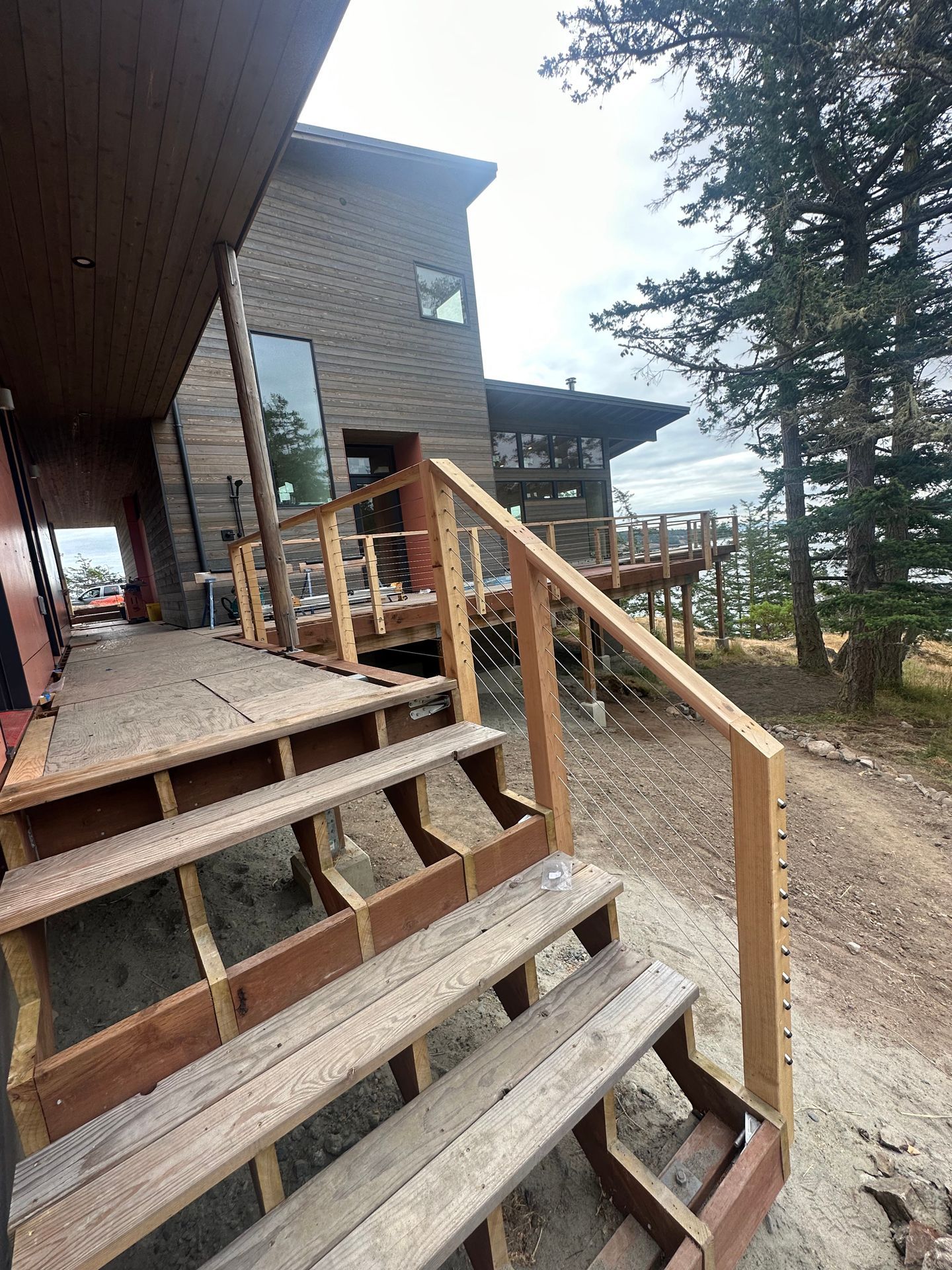 Wood railing system installations in progress