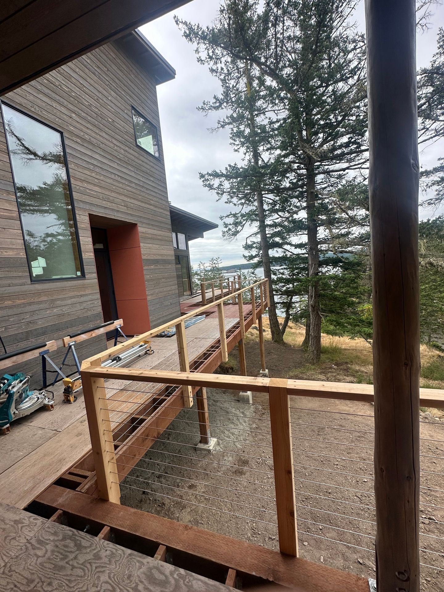 Wood railing system installation in progress