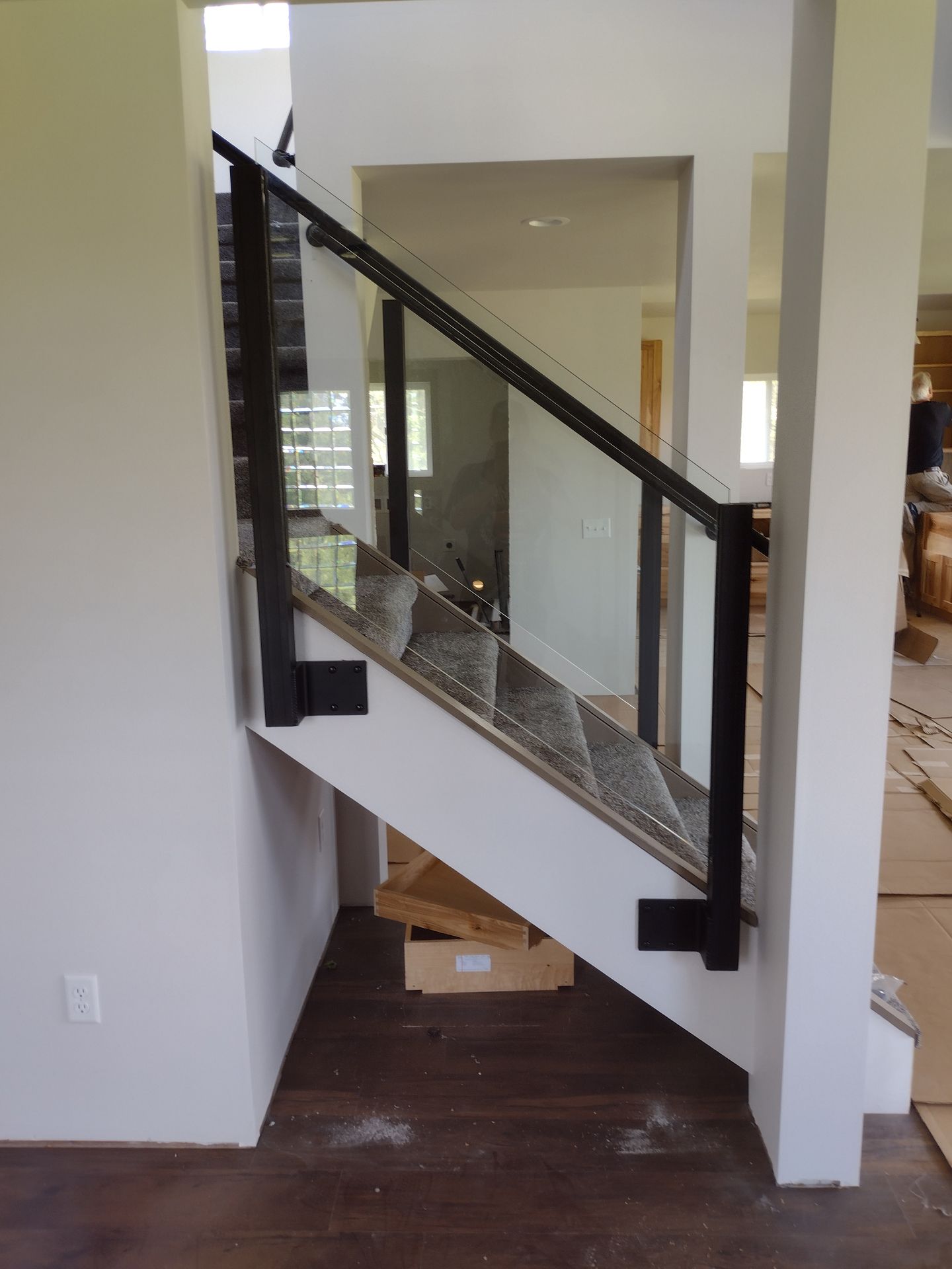 White and gray glass stair railing system