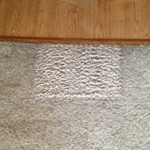 Close-up of a tan carpet with a brighter rectangular patch near the top edge.