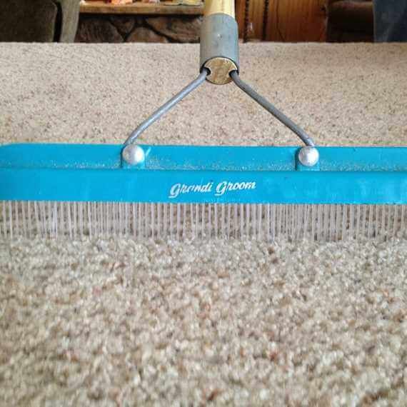 Blue carpet sweeper cleaning beige carpet with a wooden handle