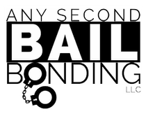 Logo for "Any Second Bail Bonding LLC": White text on black rectangle; handcuffs at bottom.