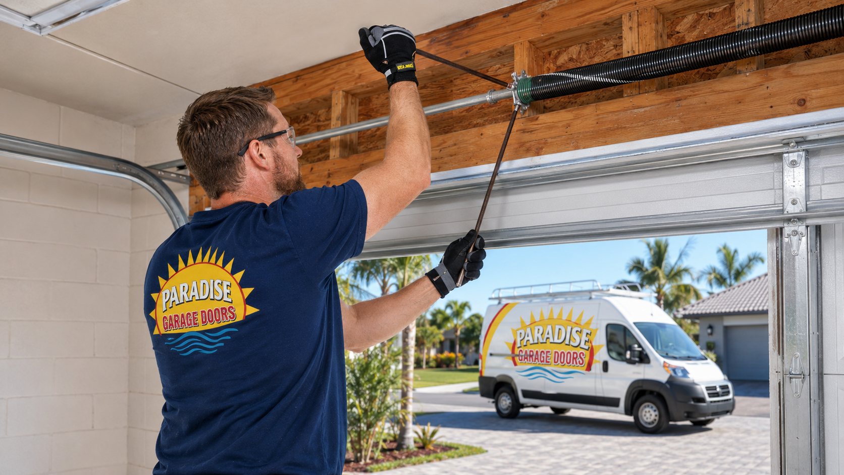 Paradise Garage Door employee tightening a garage door spring