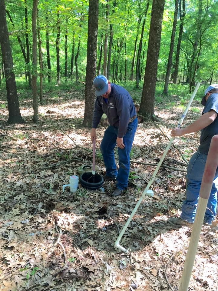 Two men are digging in the woods with shovels.