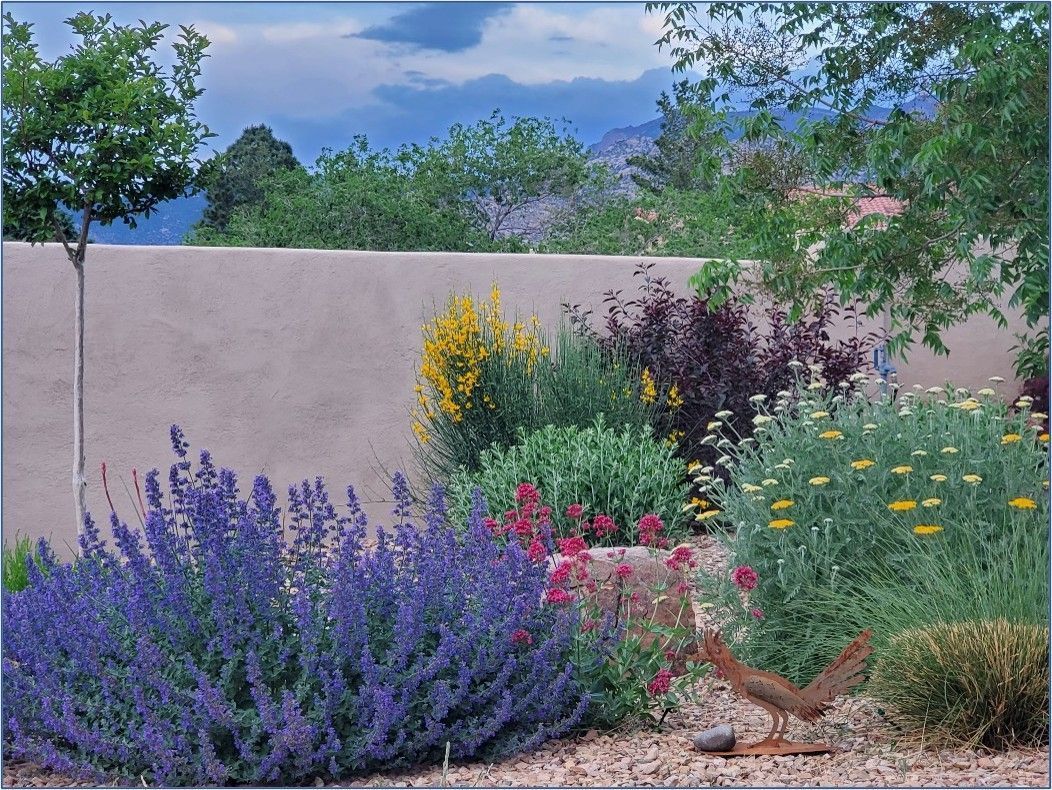 Garden bed with lavender, yellow, and red flowers in front of a stucco wall, with a mountain backdrop.