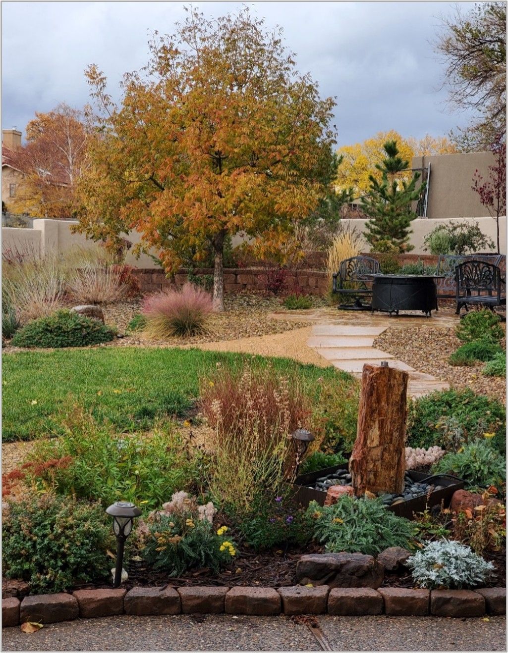 Autumn garden with a tree of yellow-orange leaves, gravel path, and various plants. Overcast sky.
