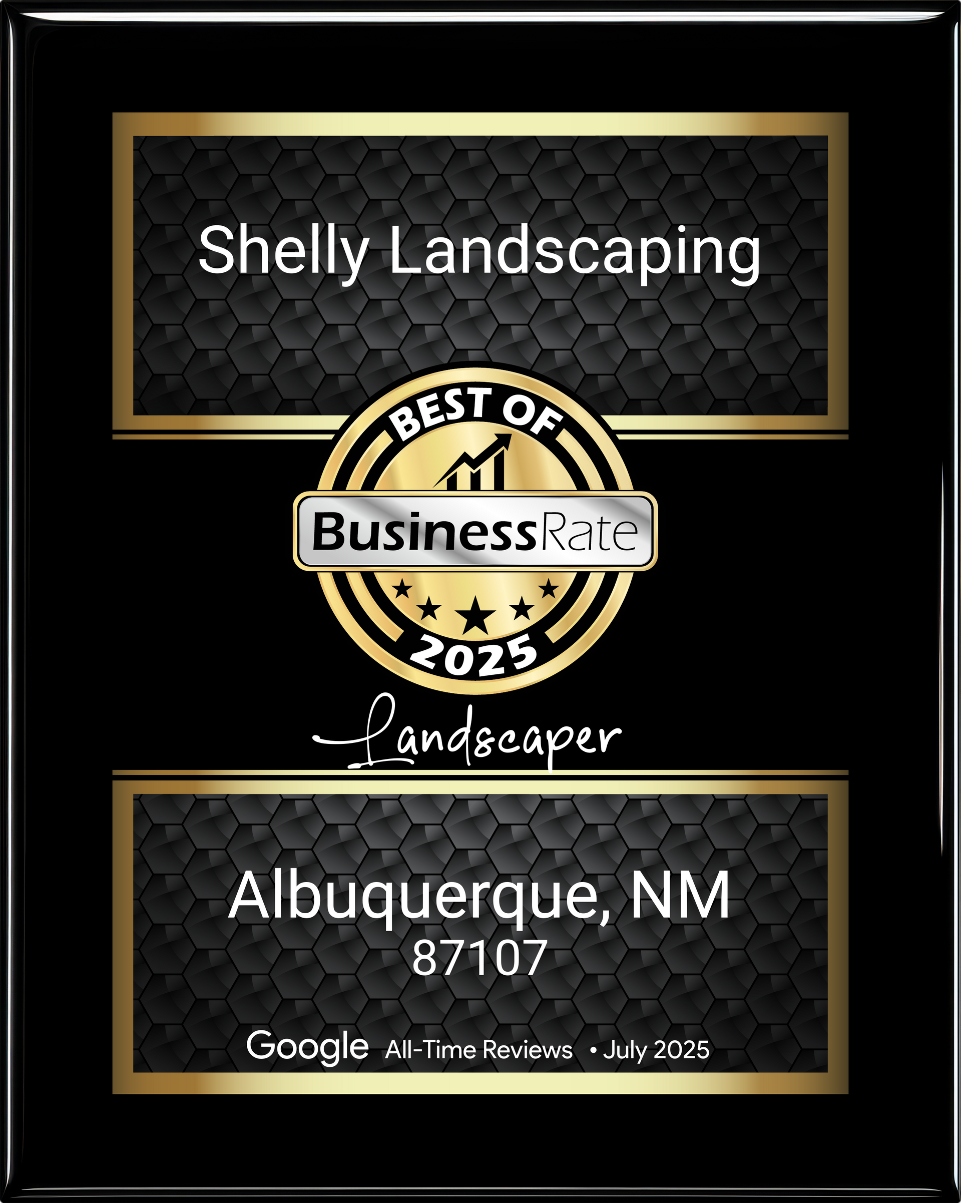 A black and gold award plaque for Shelly Landscaping, named 