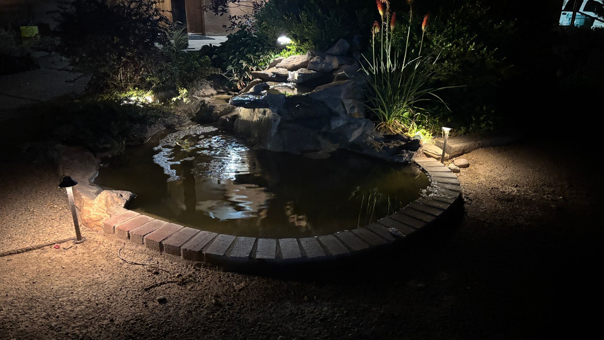 A small, illuminated pond at night, surrounded by brick and plants.