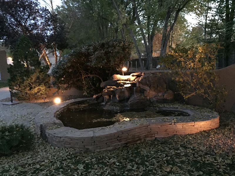 Small lit backyard fountain with rock pool, surrounded by trees and fallen leaves at dusk