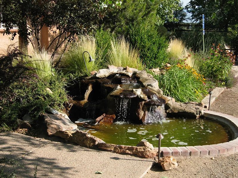 Small garden pond with a rock waterfall, green water, and surrounding plants and pathway