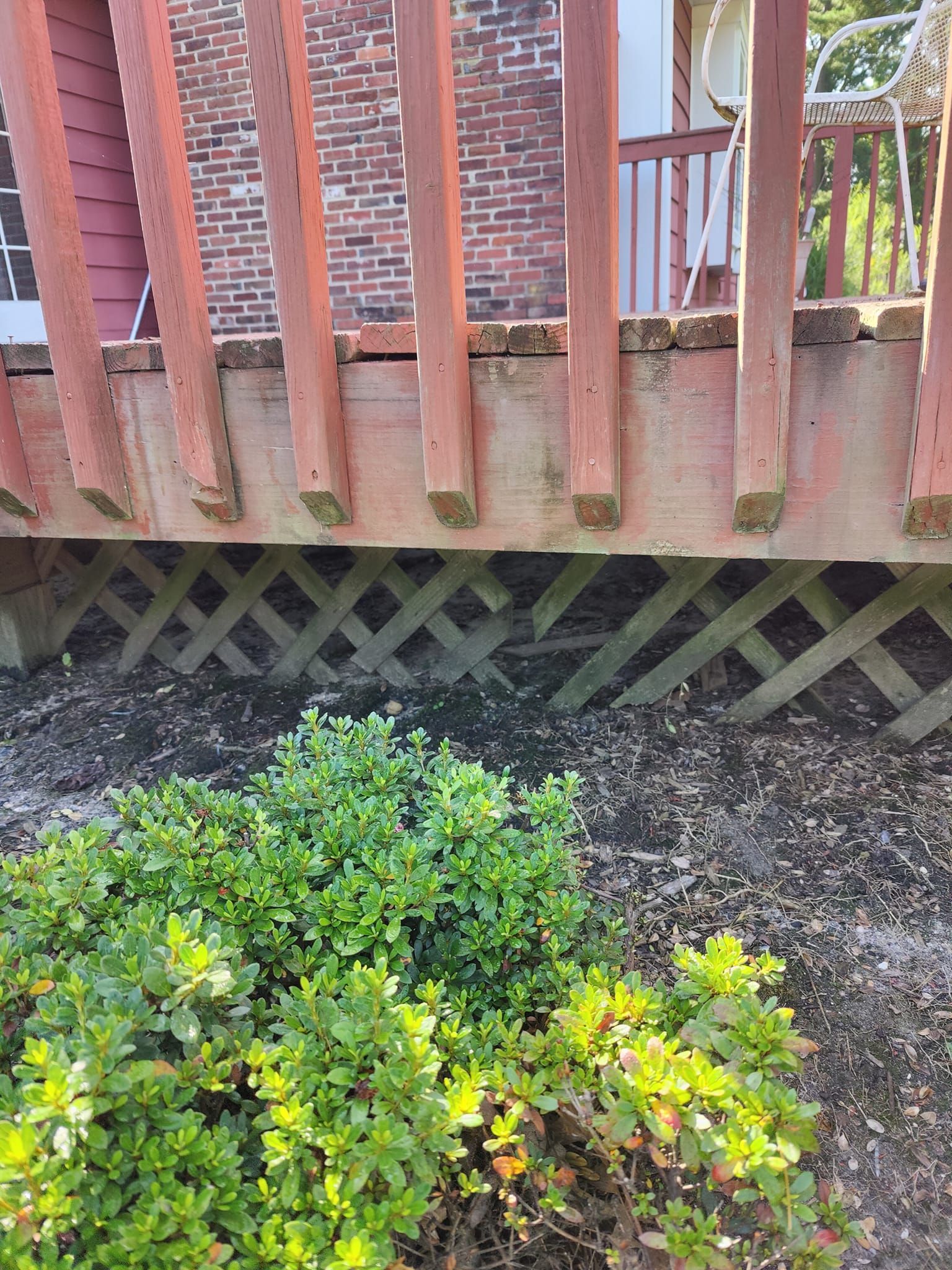 A wooden deck with a brick building in the background and a bush in the foreground.