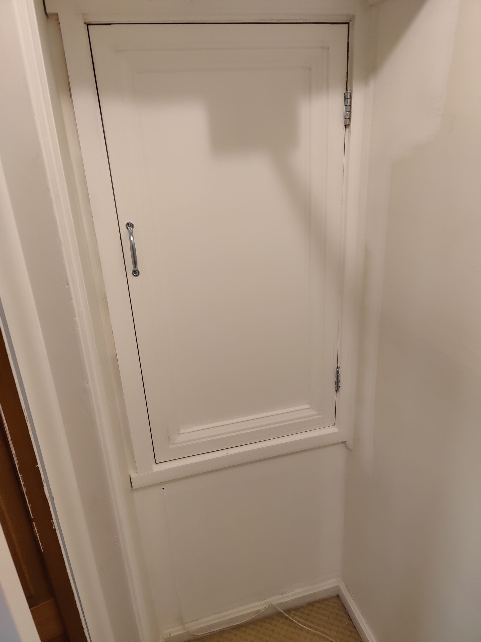 A white door is sitting in a corner of a room.