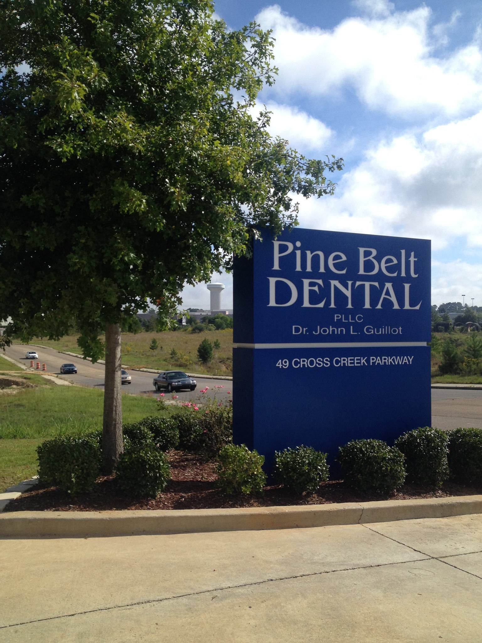 Blue sign for Pine Belt Dental, near a tree, blue sky, and traffic.