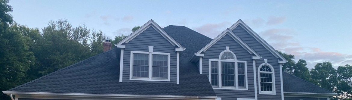 A two-story house with a blue-gray roof and siding. White trim outlines the windows and the roof's edge. Trees in the background.
