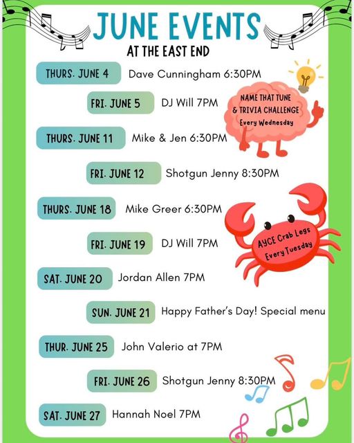 June events poster at The Last Stand, with dates, performers, times, and colorful crab and music-note graphics